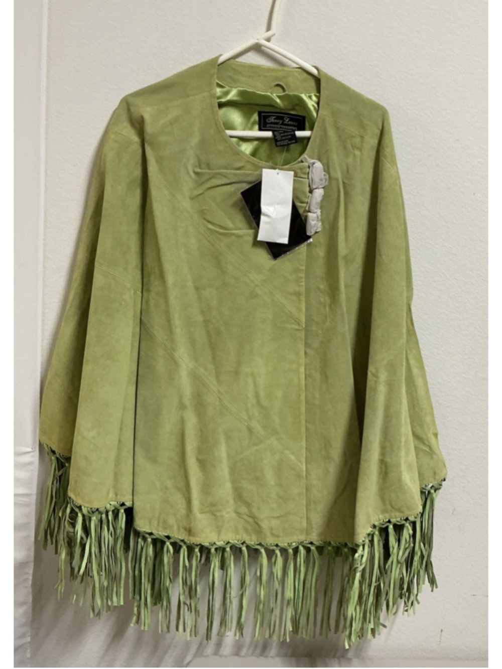 NWT Terry Lewis Genuine Suede Leather Cape Poncho Green Fringe Western Boho Coat